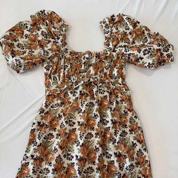 Anthropologie Love The Label Sz M Floral Puff Slv Maxi Dress Earthy Boho Roses - Picture 11 of 16
